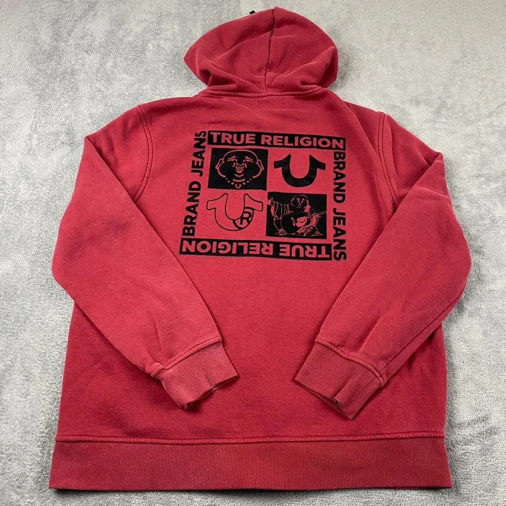 True Religion Men's XL Zip-Up Hoodie Maroon Buddha Horseshoe Graphic Sweatshirt